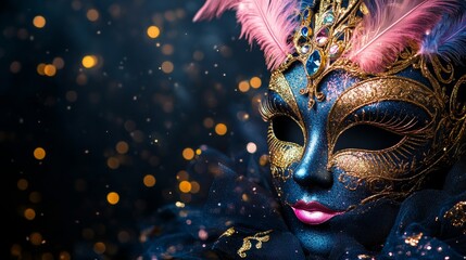 Carnival mask blue and gold, feather detail on dark bokeh background