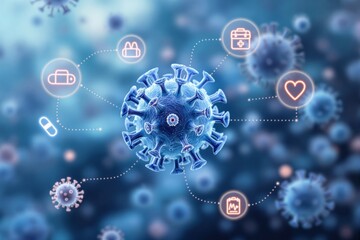 Futuristic depiction of virus with medical icons on blue background.