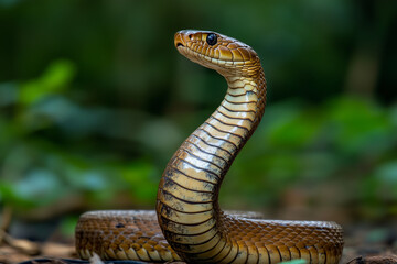 Fototapeta premium Majestic Snake in Defensive Posture with Glossy Scales in a Jungle Setting