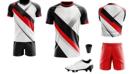 Soccer jersey and shorts mockup featuring front, back, and side views on transparent background
