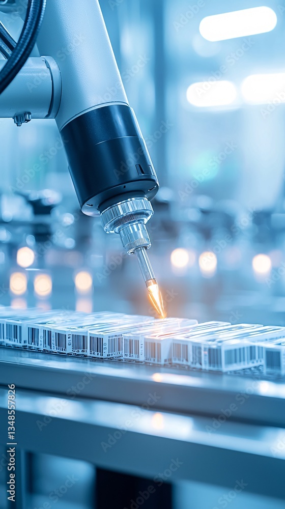 Poster close-up of a barcode scanner verifying product codes, accuracy, inventory and quality control