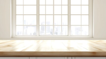 Obraz premium Empty wood table, window in white room interior, city background. Product display or presentation