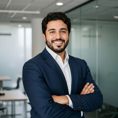 Hombre de negocios con los brazos cruzados en la oficina, hombre de negocios con poses y trajes confiables