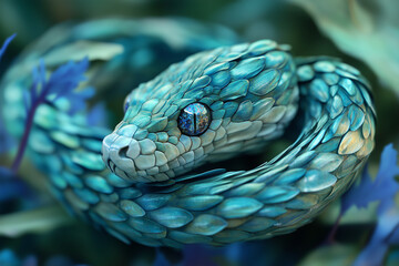 Obraz premium Stunning Blue Scaled Snake with Hypnotic Eyes in a Mystical Forest