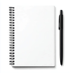Blank Spiral Notebook and Black Ballpoint Pen on White Background