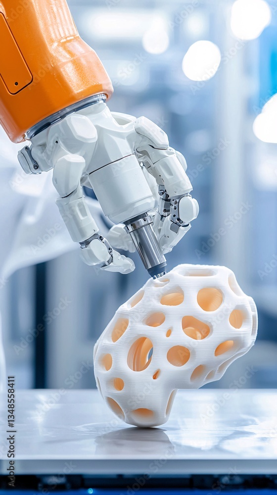 Poster robot performing a quality control scan on a 3d-printed object, automation, high-tech production and