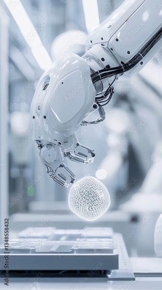 Poster robot performing a quality control scan on a 3d-printed object, automation, high-tech production and