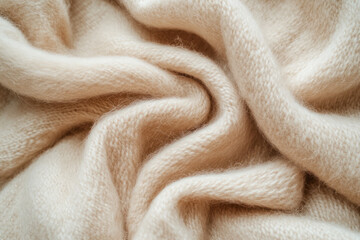 A soft, woven alpaca wool fabric texture background in warm camel beige. The fine, breathable fibers provide a plush, insulating effect, making it perfect for cozy winter scarves, high-end knitwear,