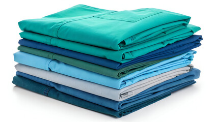 Medical Scrubs Stack: A neatly folded pile of medical scrubs in various shades of blue and green, showcasing essential healthcare apparel.