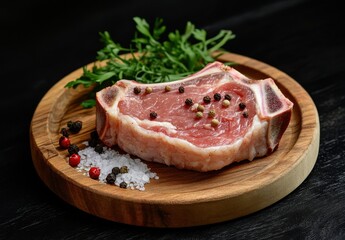 Fresh Pork Chop on Wooden Plate Surrounded by Spices and Green Herb Ready for Cooking Delicious Meal on Dark Background
