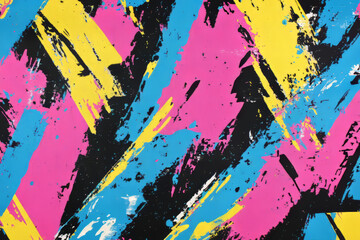 Obraz premium A dynamic graffiti-style fabric texture background with splattered paint patterns in neon pink, blue, and yellow. The chaotic, expressive surface is perfect for streetwear fashion, creative textiles,