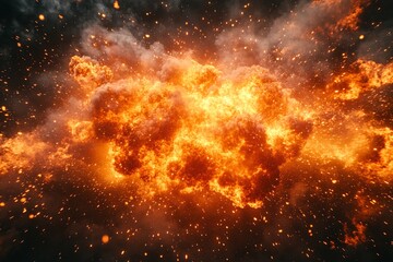 Naklejka premium Fiery explosion with intense orange and yellow flames against a dark background. Glowing embers scatter.