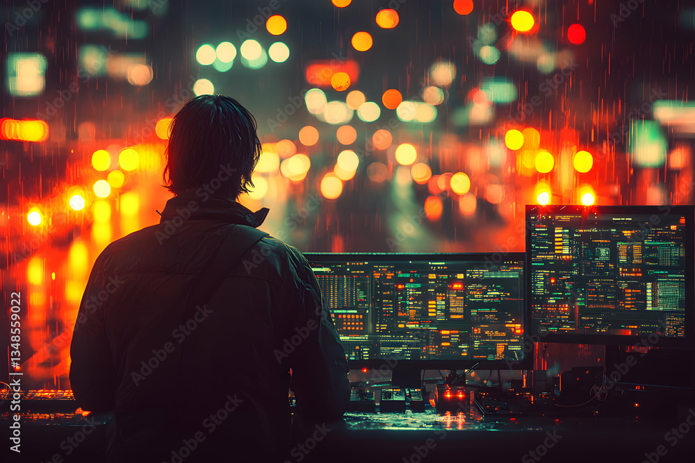 Poster a man's face is covered in a network of glowing dots and lines suggesting facial recognition technol