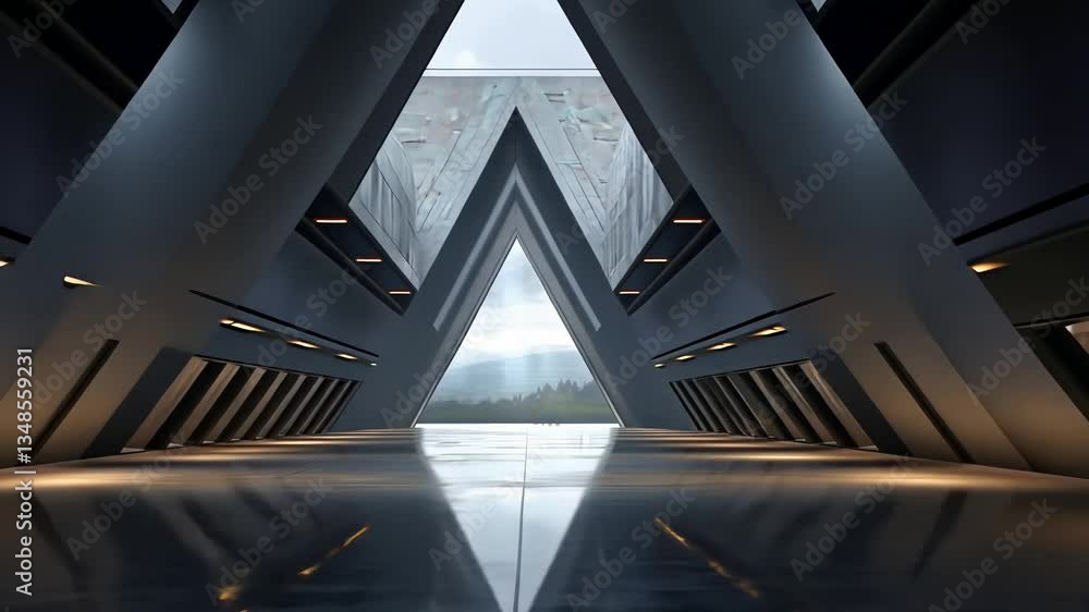 Poster futuristic triangular architecture hallway with a mirrored floor