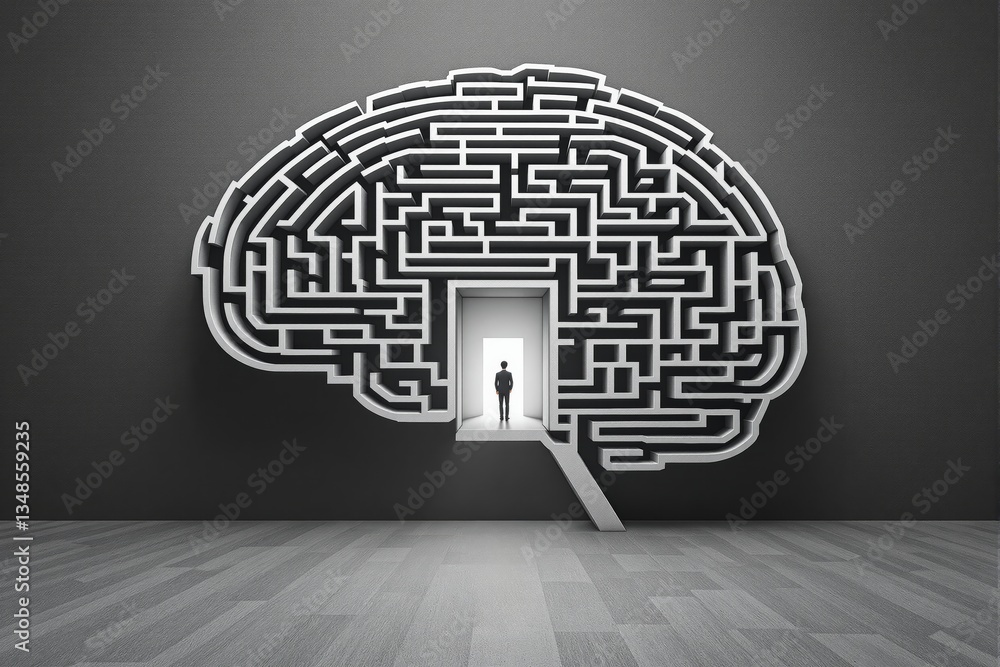 Poster abstract brain-shaped maze with a person exiting through a door.