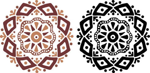 African decorative circle ornament vector illustration. Hand drawn circular ethnic art for bohemian interior design. Tribal pattern for plate, rug or other round printing design. Ring embroidery art.