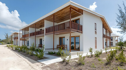 White Two Story Building With Wooden Balconies Against Clear Blue Sky Near Sandy Beach