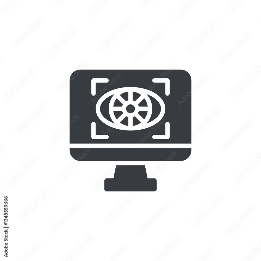 Poster robotic eye scanning a computer monitor vector icon