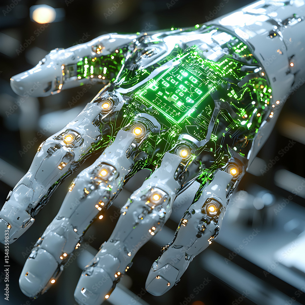 Poster a futuristic robotic hand with exposed circuitry and glowing lights. ideal for showcasing advanced t