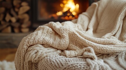 Cozy knitted throws near fireplace