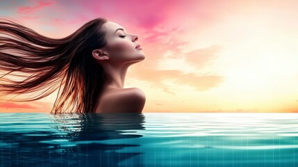 Fototapeta premium Serene Woman in Tranquil Sunset Water Hair Flowing Peaceful Scene