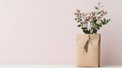 Light Pink Background With Eucalyptus Branches In Brown Paper Bag
