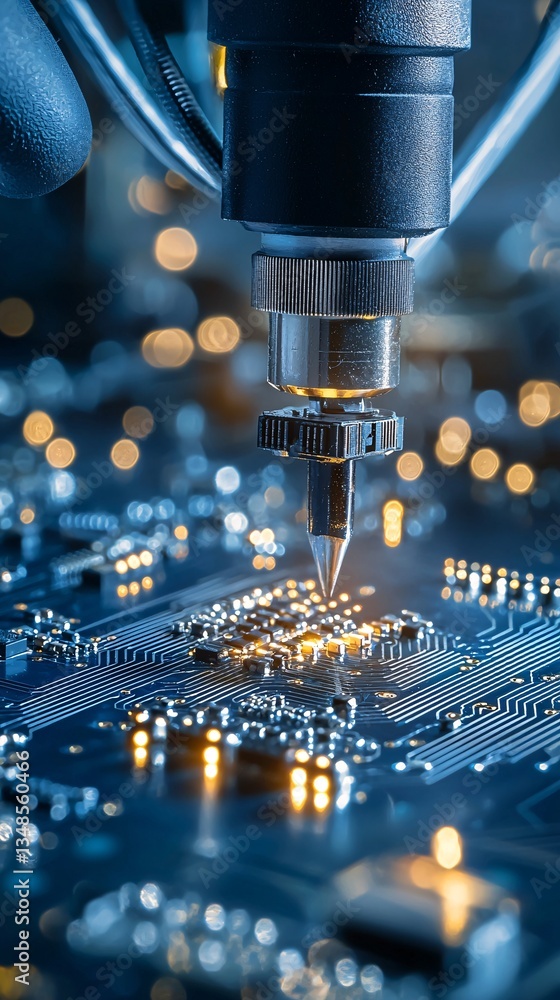 Poster engineer testing electronic circuit boards with precision tools, electronics quality control, compon