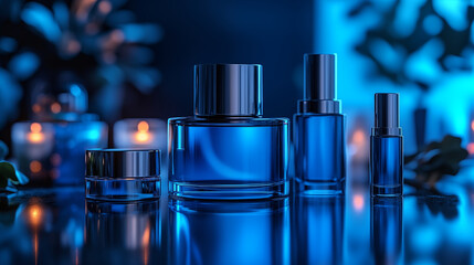 Blue cosmetic bottles arranged with metallic caps glowing against dark background with bokeh lights. Luxury skincare serum collection for premium beauty concept