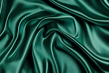 Obraz premium A luxurious satin fabric texture background in emerald green. The smooth, glossy surface reflects light beautifully, creating soft waves and elegant highlights. The flowing fabric exudes