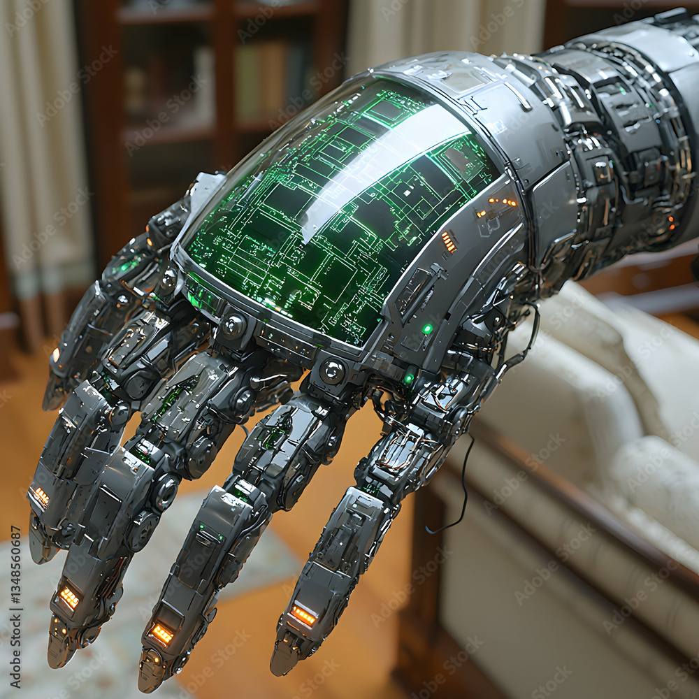 Poster a highly detailed robotic hand with exposed mechanics and a glowing green circuit board display on t