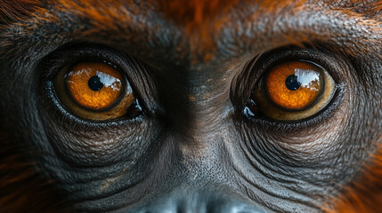 Orangutan eyes close-up showing amber irises and dark pupils against black fur. Powerful primate gaze expressing intensity and intelligence for wildlife conservation concept