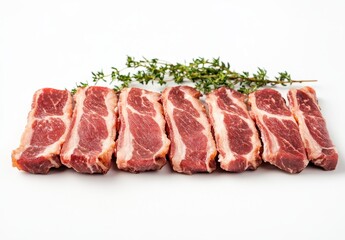 Fototapeta premium Fresh Raw Pork Chops on White Background with Thyme Sprigs for Culinary Recipes and Meat Preparation in Healthy Cooking and Grilling Ideas
