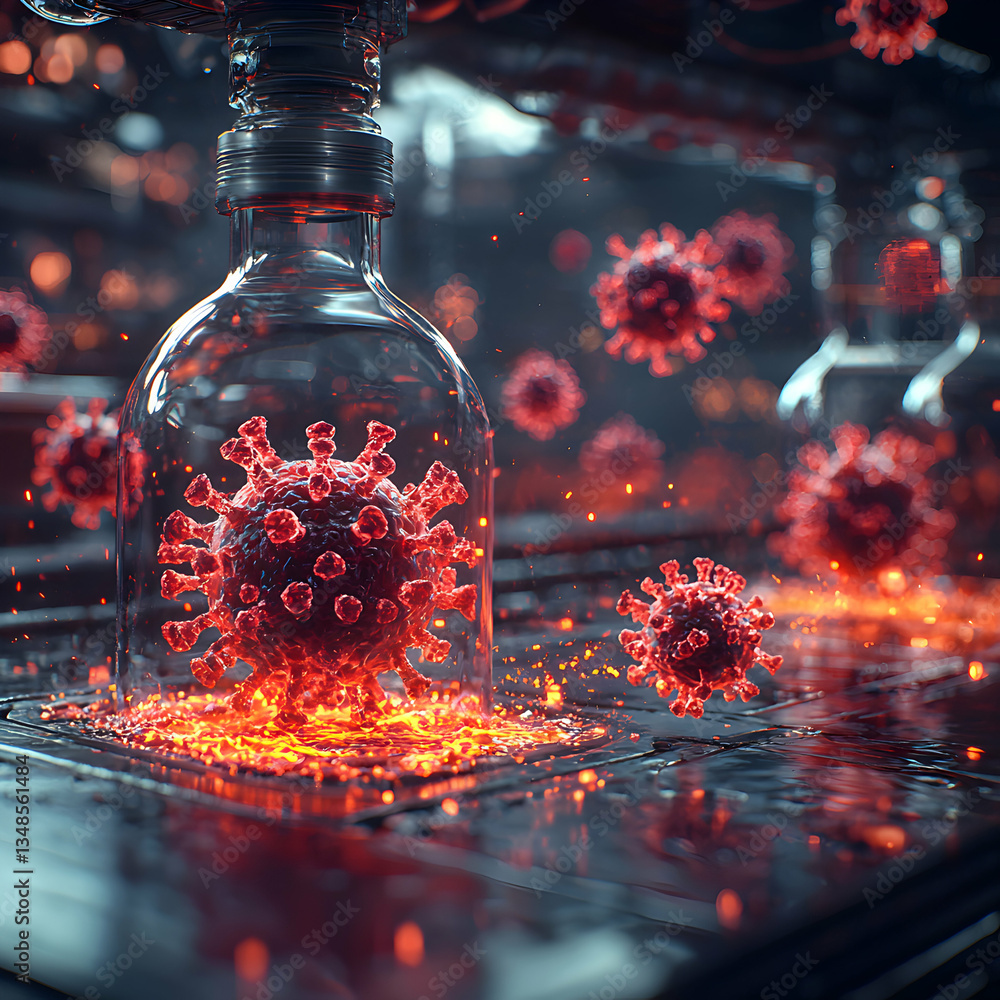 Aufkleber a red coronavirus particle sits on a computer circuit board. this image can be used to illustrate cy