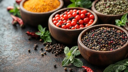 Wooden bowls of assorted spices on dark surface