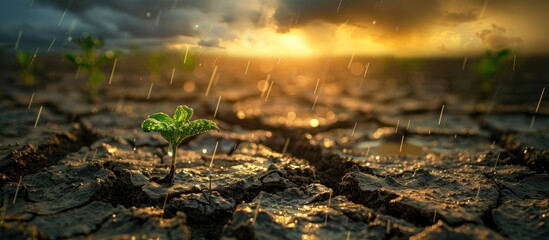 Hopeful sprout in rain-soaked cracked earth at sunset