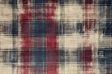Fototapeta premium A soft, distressed flannel fabric texture background in warm plaid hues of red, navy, and beige. The brushed surface and faded tones evoke a cozy, vintage aesthetic perfect for winter fashion and