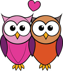 A pair of owls perched on a tree branch, gazing into the distance. Their feathers are soft, with large eyes and calm expressions, creating a serene, peaceful scene.