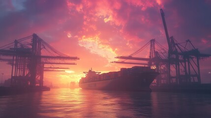 Obraz premium Cargo ship at sunset port (1)