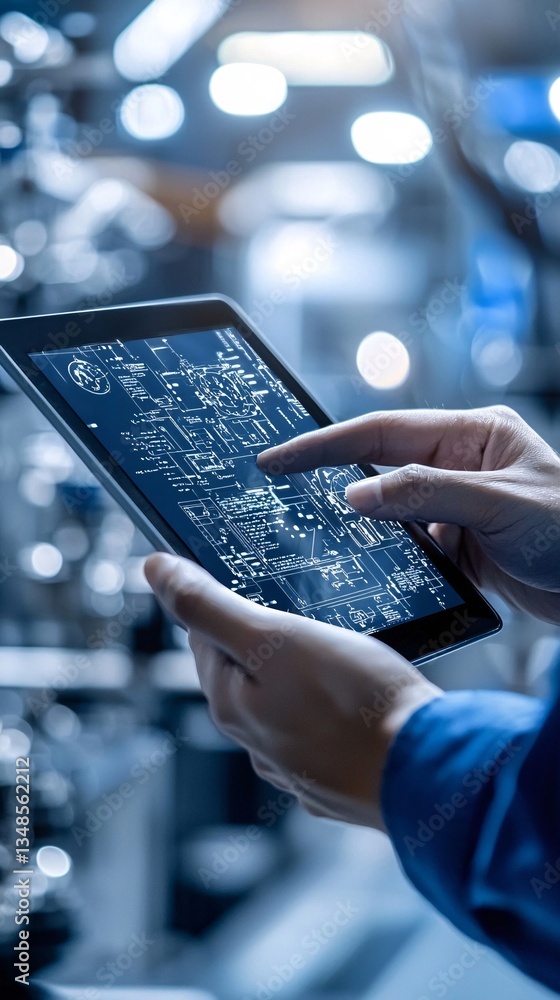 Poster worker using a tablet to monitor production quality from a control room, remote qc monitoring, digit