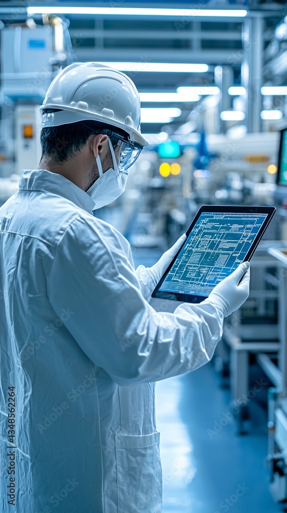 Aufkleber worker using a tablet to monitor production quality from a control room, remote qc monitoring, digit