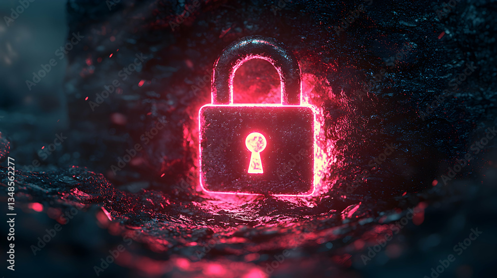 Poster a glowing pink padlock embedded in dark rock symbolizes cybersecurity and data protection. ideal for
