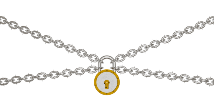 Modern 3D illustration of a metallic padlock strongly linked to metal chains, representing security, commitment, or lasting connections.