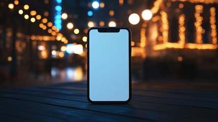 Phone on wooden surface with blurry city lights in the background at night