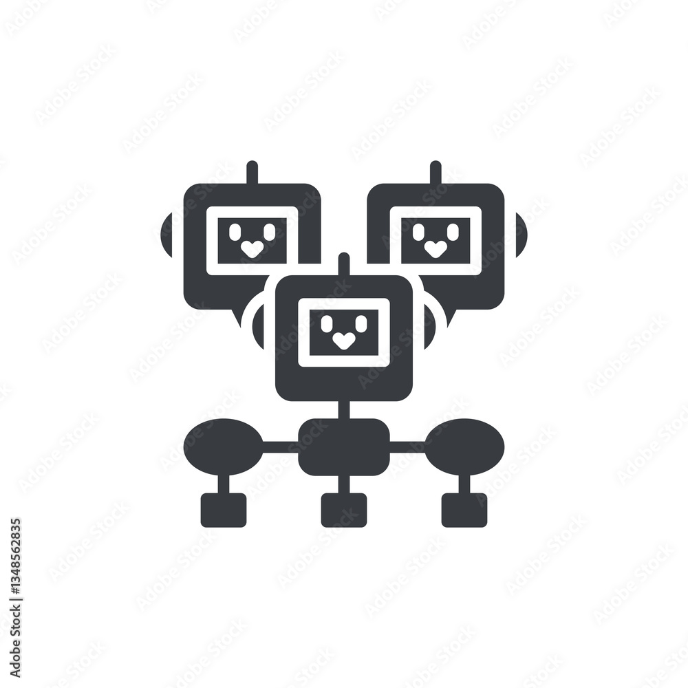 Poster multiple bots connected in a workflow diagram vector icon