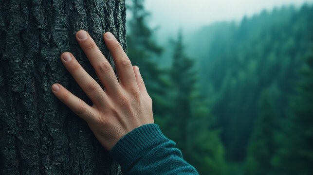 A hand touching a large tree in the forest, symbolizing connection with nature and inner peace. Reducing stress and breathing fresh air. Forest bathing.
