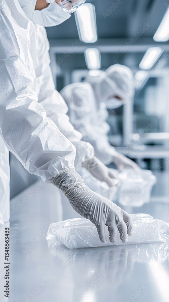 Poster worker using gloves to handle delicate products during quality control checks, safety handling, frag