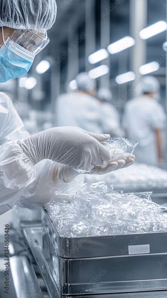 Poster worker using gloves to handle delicate products during quality control checks, safety handling, frag