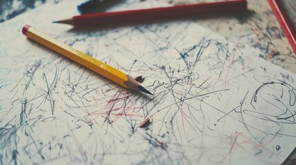 A broken pencil on a messy paper with angry scribbles. 