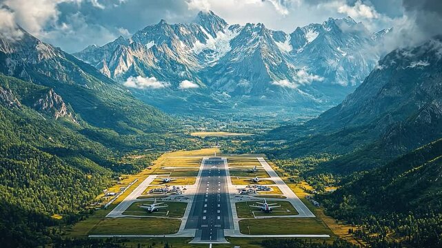 A Majestic Alpine Runway: An awe-inspiring panorama of an airport runway nestled amidst towering mountains, showcasing the interplay of human engineering and natural grandeur.