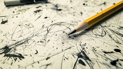 A broken pencil on a messy paper with angry scribbles.